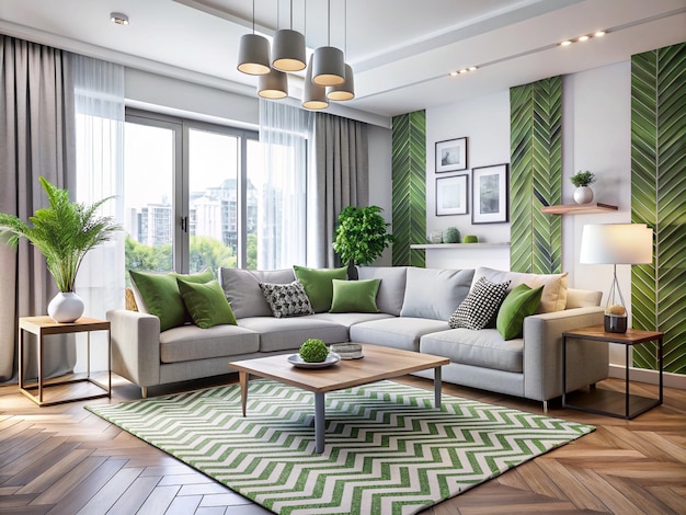 a living room with a couch and a coffee table with green pillows