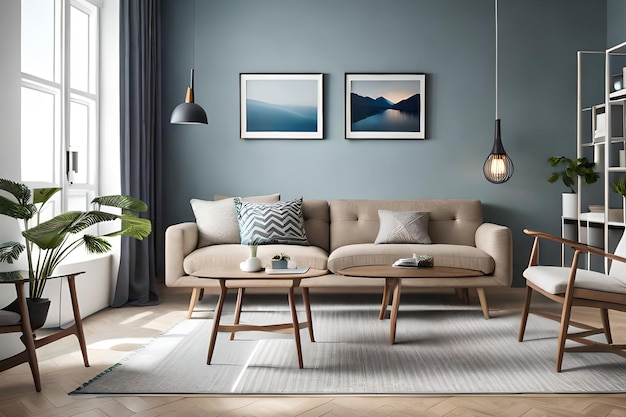 A living room with a couch and a coffee table with a picture of mountains on it.