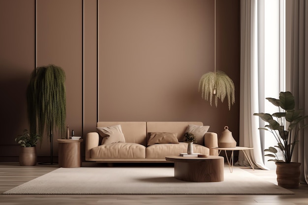 A living room with a couch and a coffee table with a plant hanging from it.