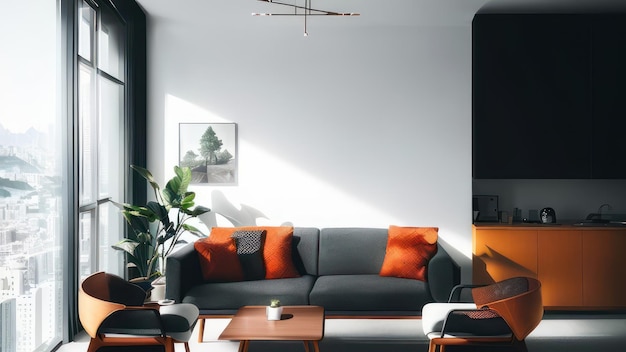 A living room with a couch and a coffee table with a plant on it.