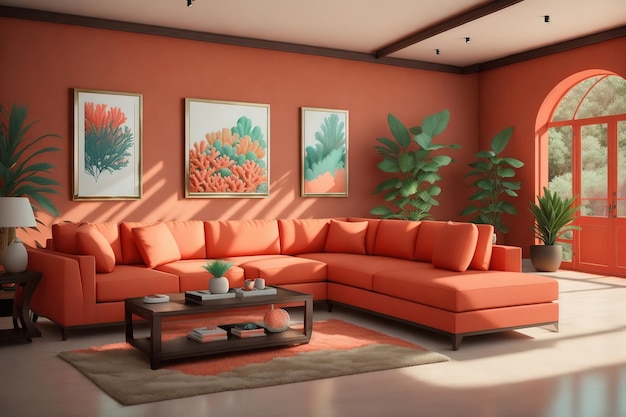 A living room with a couch and a coffee table with a plant on it.