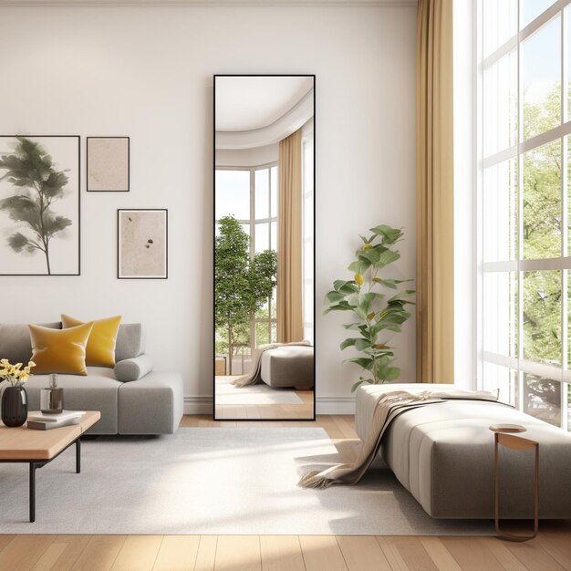 A living room with a couch and a coffee table with a plant on it.