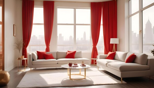 a living room with a couch and a coffee table with red pillows