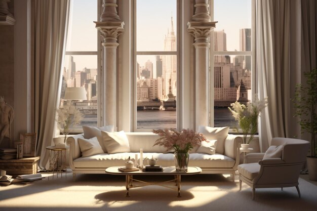 A living room with a couch and a coffee table with a view of the city