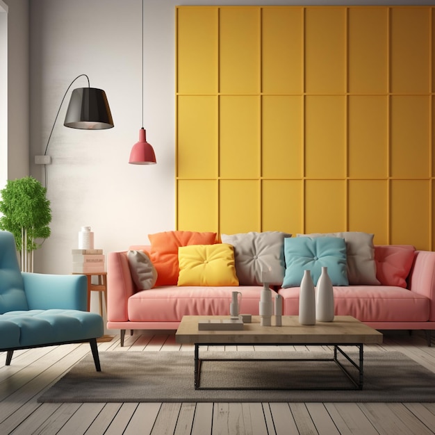 A living room with a couch, a coffee table, and a yellow wall behind it.