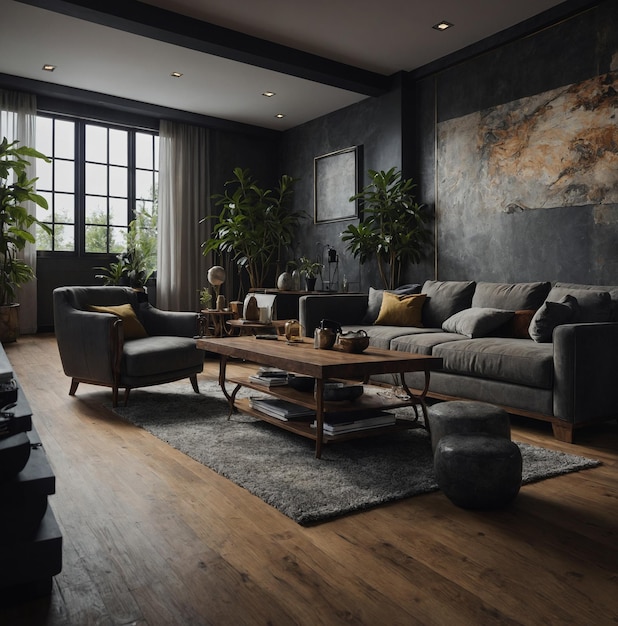 A living room with a couch and a coffee table