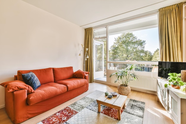 A living room with a couch and a coffee table