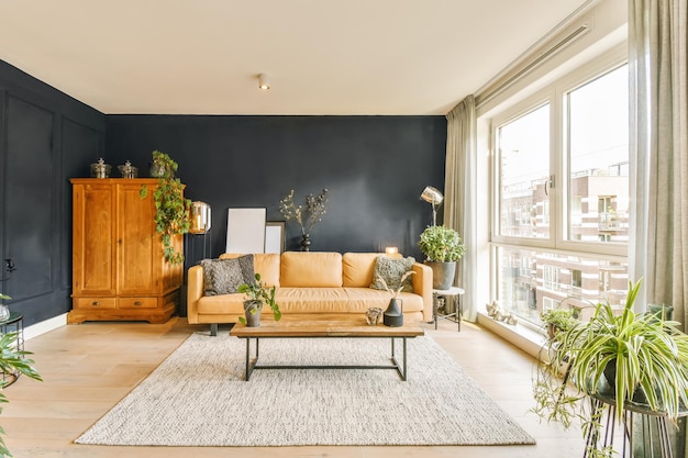 A living room with a couch and a coffee table