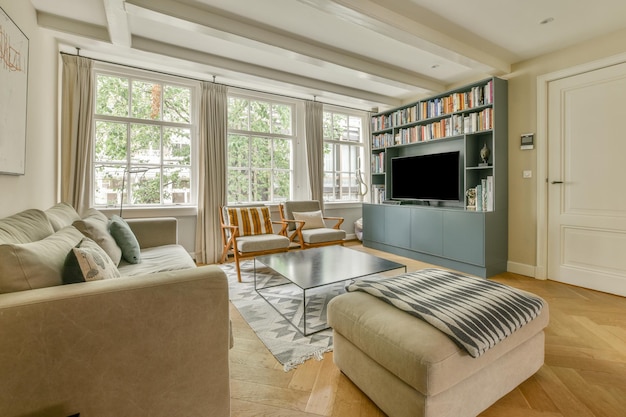 A living room with a couch and a coffee table