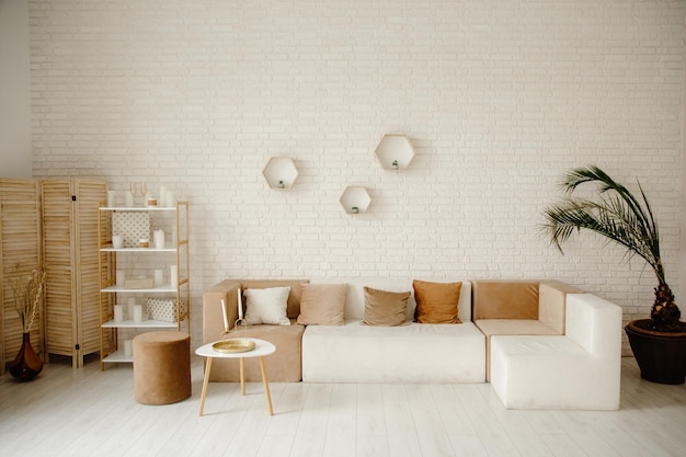 A living room with a couch and a coffee table.