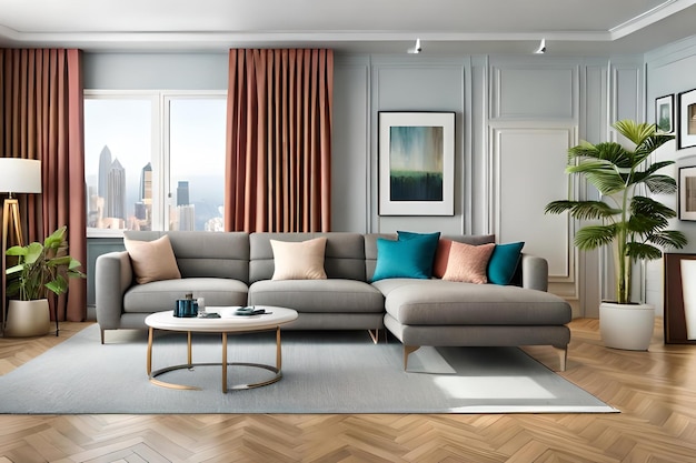 A living room with a couch and a coffee table.