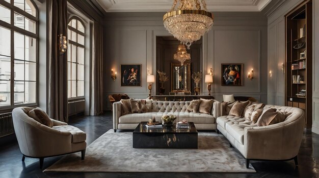 Photo a living room with a couch couch and chandelier