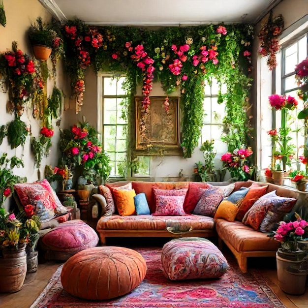 a living room with a couch couch and flowers on the wall