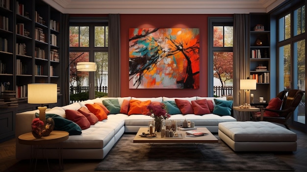 a living room with a couch couch and a painting on the wall