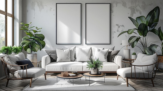 a living room with a couch couch and a plant on the wall