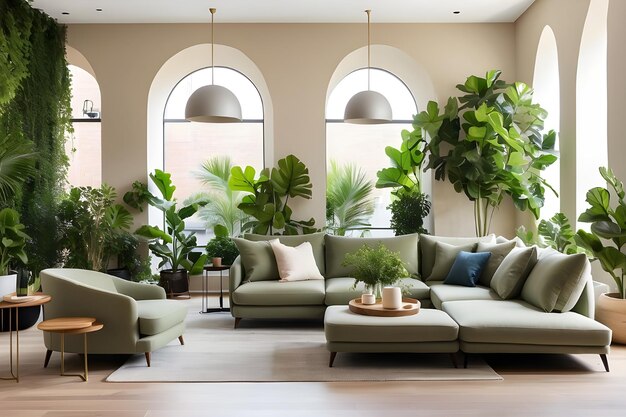 a living room with a couch couch and plants