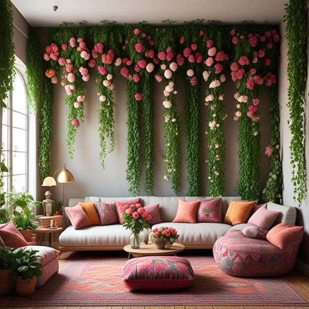 a living room with a couch and a couch with flowers hanging from the ceiling