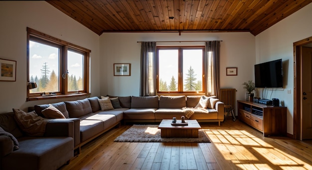 Photo a living room with a couch a fireplace and a window with the sun shining through