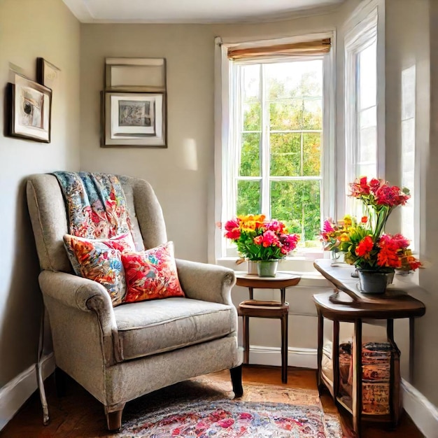 a living room with a couch and a flower arrangement on the side table