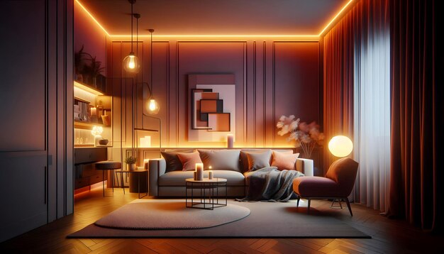 a living room with a couch a lamp and a fireplace