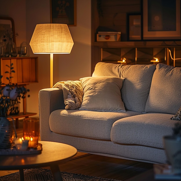 a living room with a couch and a lamp on it