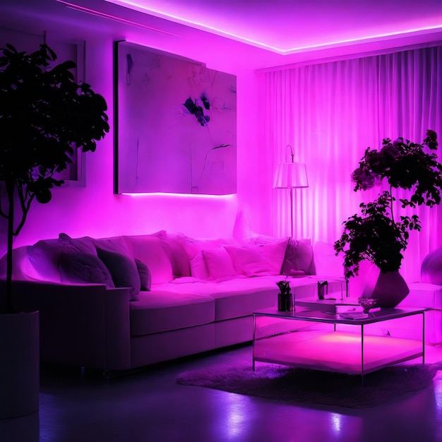 a living room with a couch a lamp a lamp and a plant in it