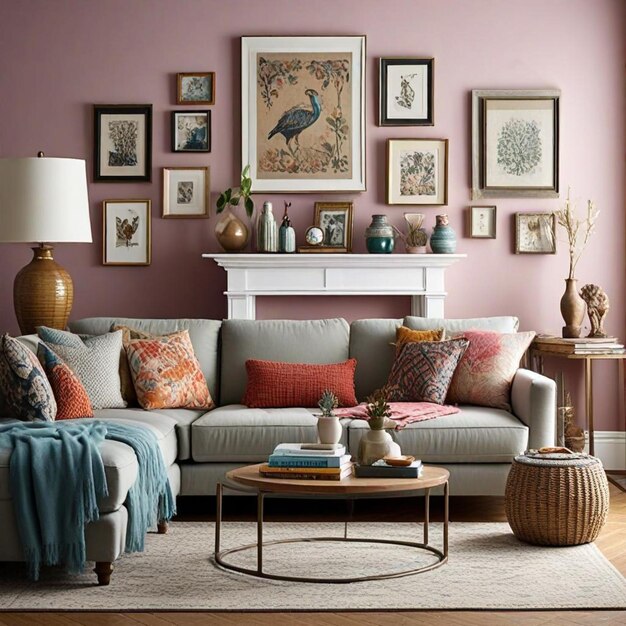 Photo a living room with a couch lamp and pictures on the wall