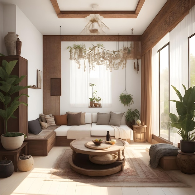 a living room with a couch a lamp and a plant in it