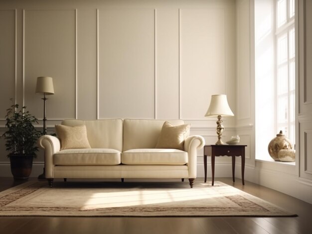 A living room with a couch and a lamp on a rug.