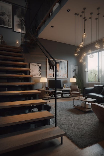 A living room with a couch and a lamp on the stairs