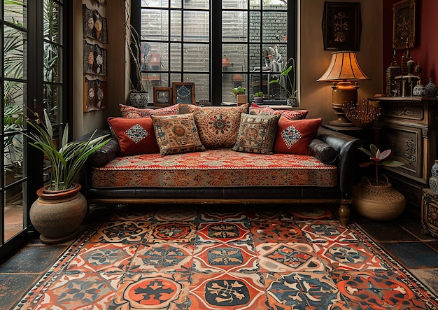 a living room with a couch and a lamp on the table