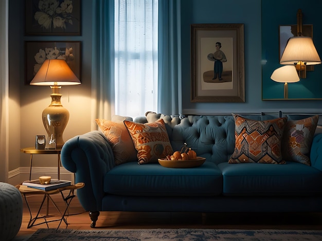 a living room with a couch and a lamp on the table