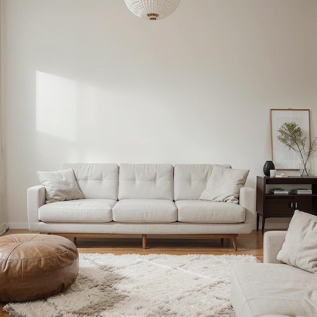 a living room with a couch and a lamp on the wall