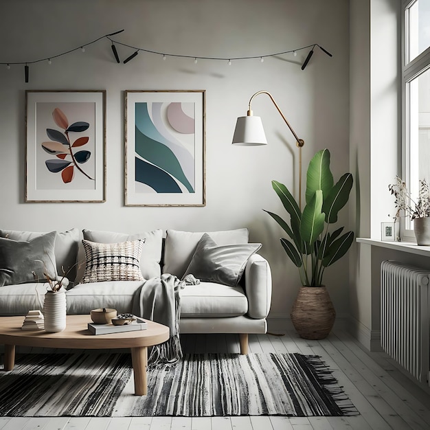 a living room with a couch and a lamp on the wall