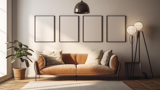 A living room with a couch and a lamp on the wall.