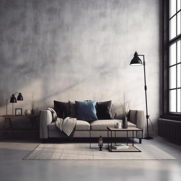 A living room with a couch and a lamp on the wall