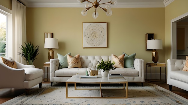 a living room with a couch lamps and a coffee table