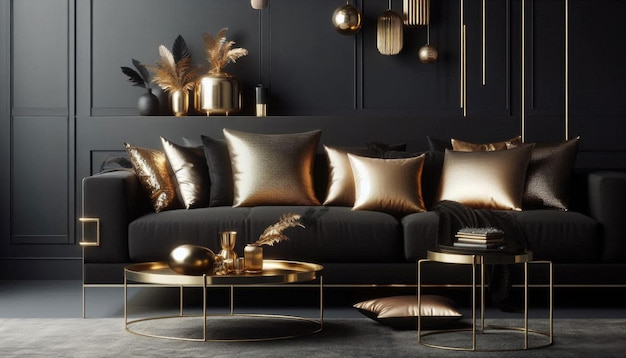 a living room with a couch lamps and a table with a gold leaf