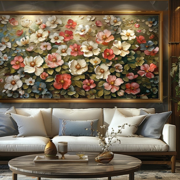 Photo a living room with a couch and a large painting of flowers