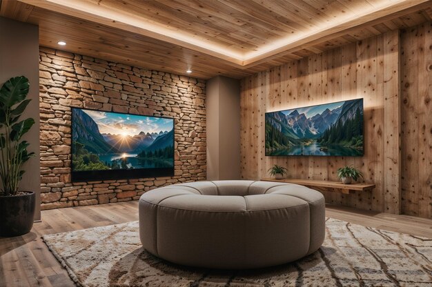 a living room with a couch and a large painting on the wall