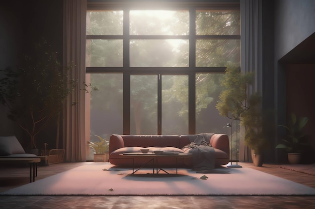 A living room with a couch and a large window that has a view of the forest.