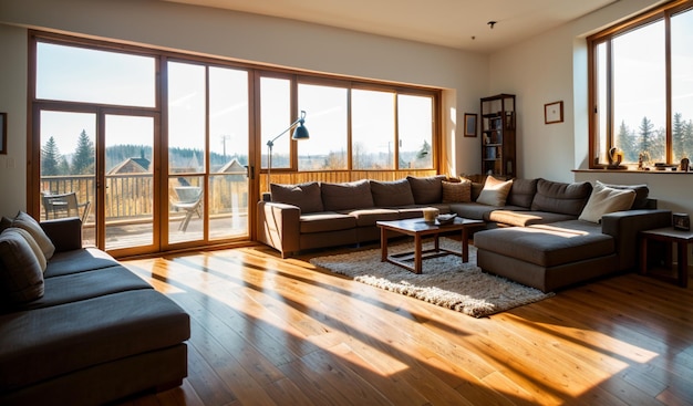 a living room with a couch and a large window with a view of the city