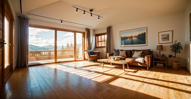 a living room with a couch and a large window with a view of the mountains