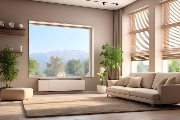 a living room with a couch and a large window