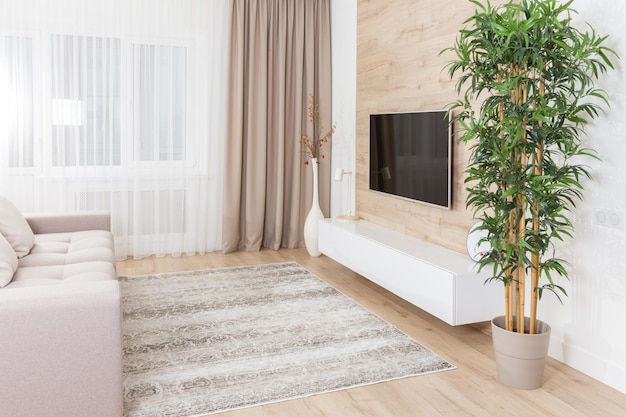 Living room with couch and led tv on wooden wall