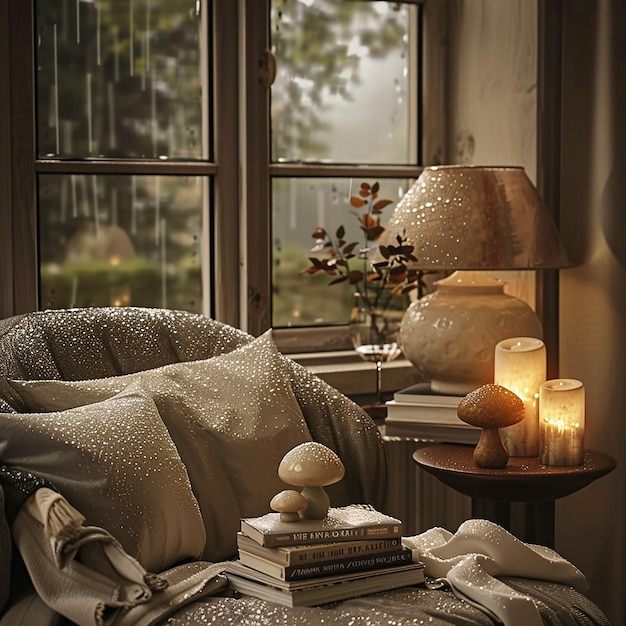 Photo a living room with a couch muchroom candles on the table rainy background outside from the window