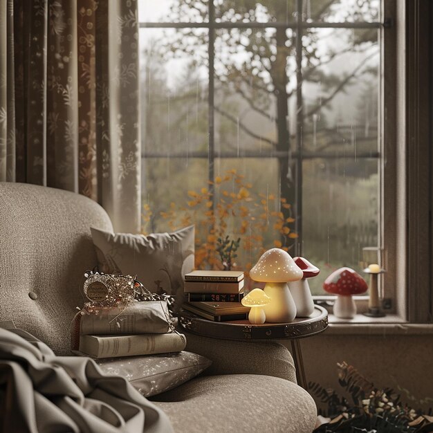 Photo a living room with a couch muchroom candles on the table rainy background outside from the window