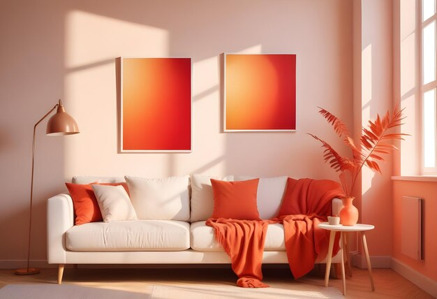 a living room with a couch and orange paintings on the wall