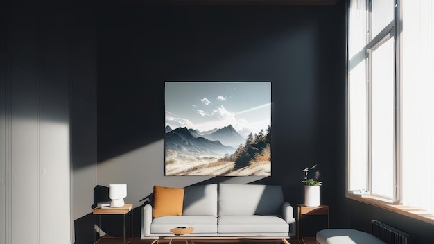 A living room with a couch and a painting of mountains in the background.