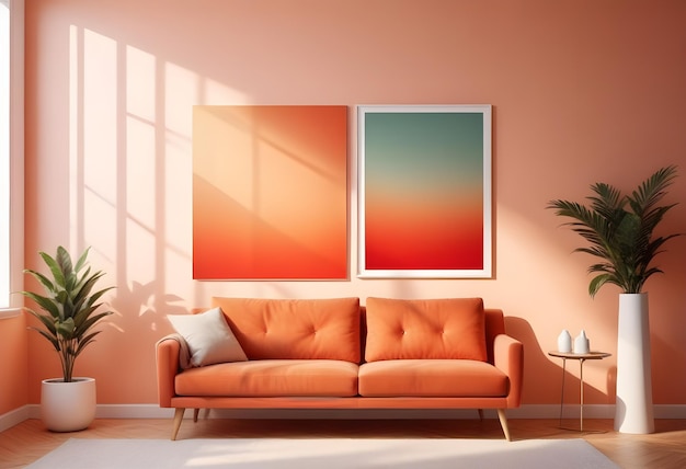 a living room with a couch and a painting of a sunset